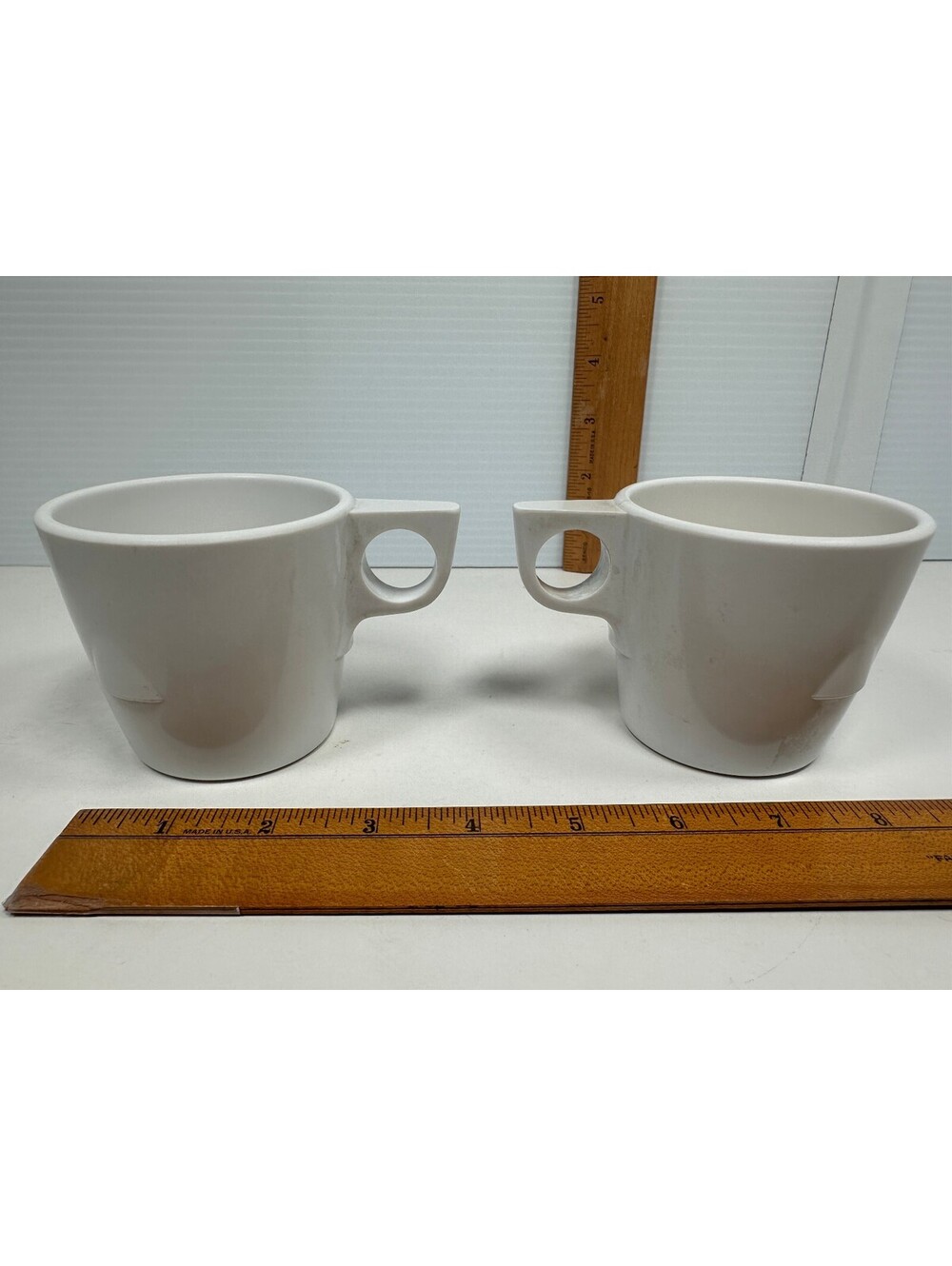 2 White Dallas Ware Melmac mugs vintage 1950 60s